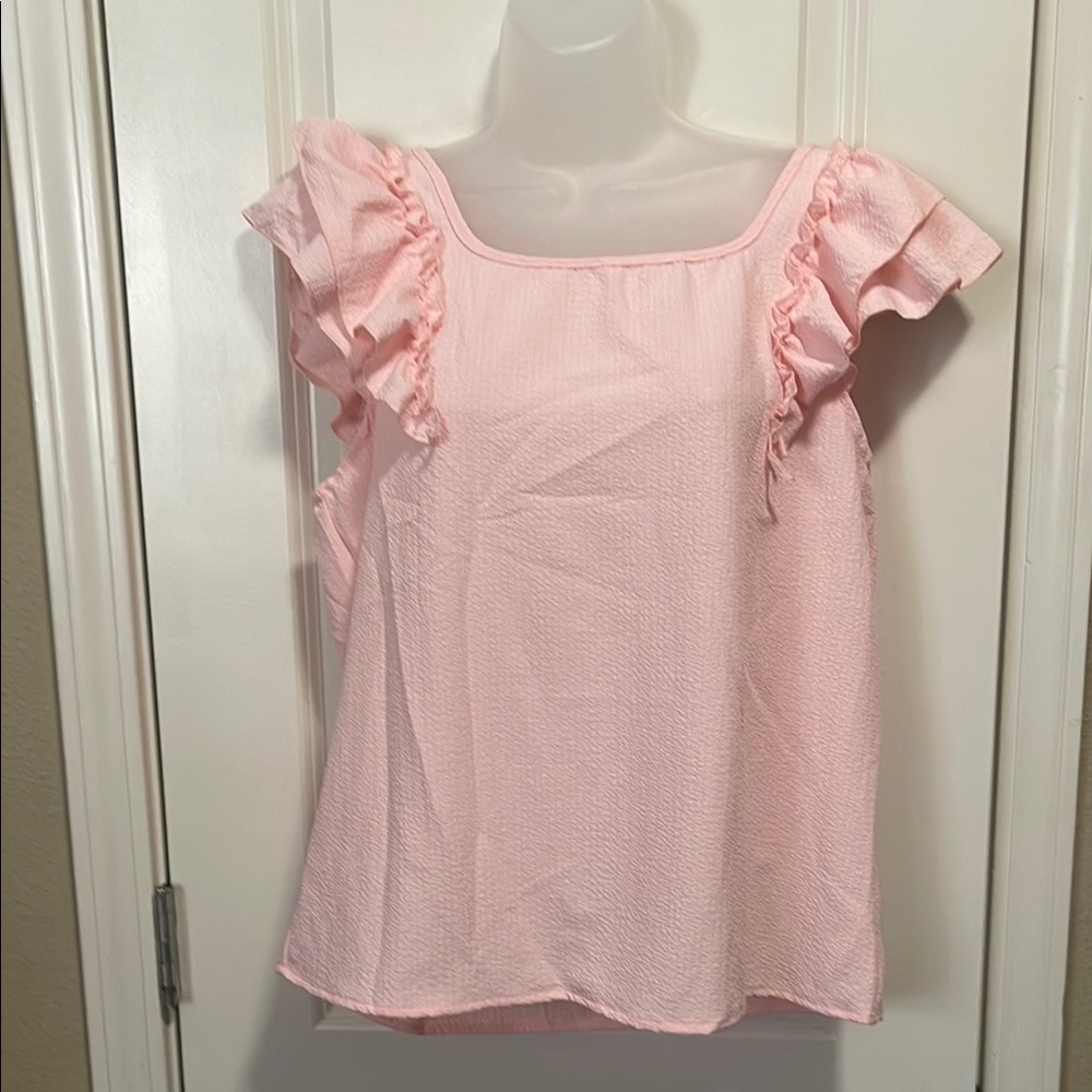 Pink ruffled cap sleeve shirt with bow in back size L NWOT